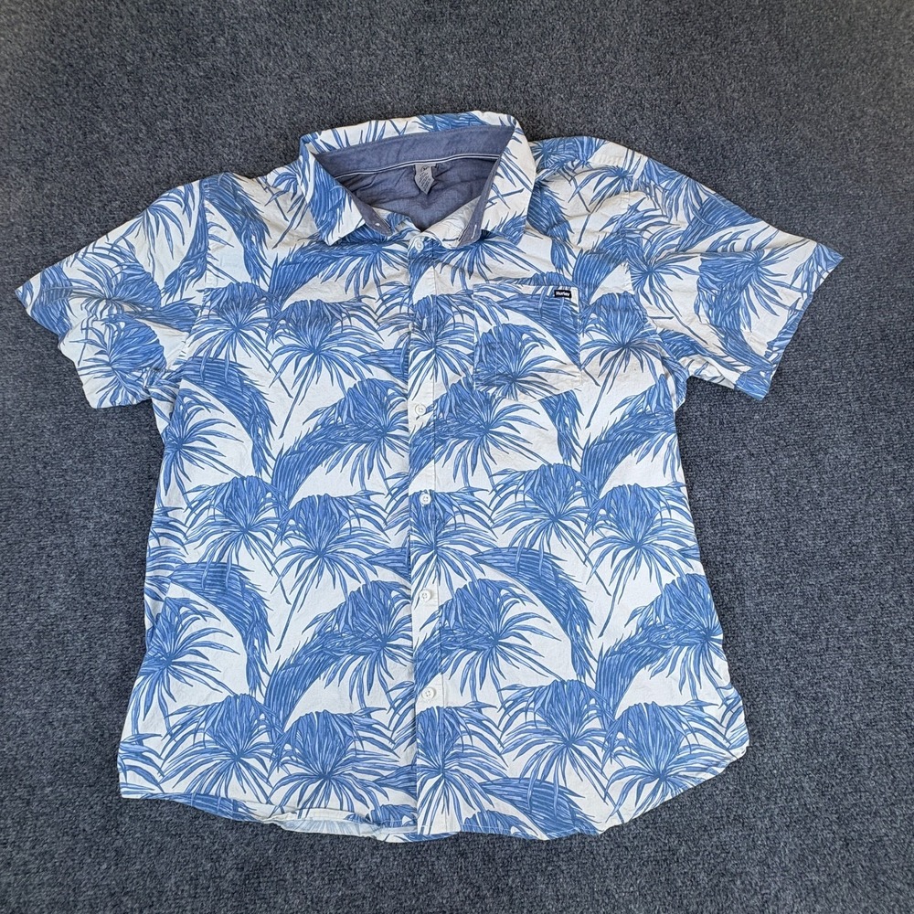 Hurley Shirt Mens 2XL Blue‎ White Cotton Stretch Palm Tree Beach Wear Button Up